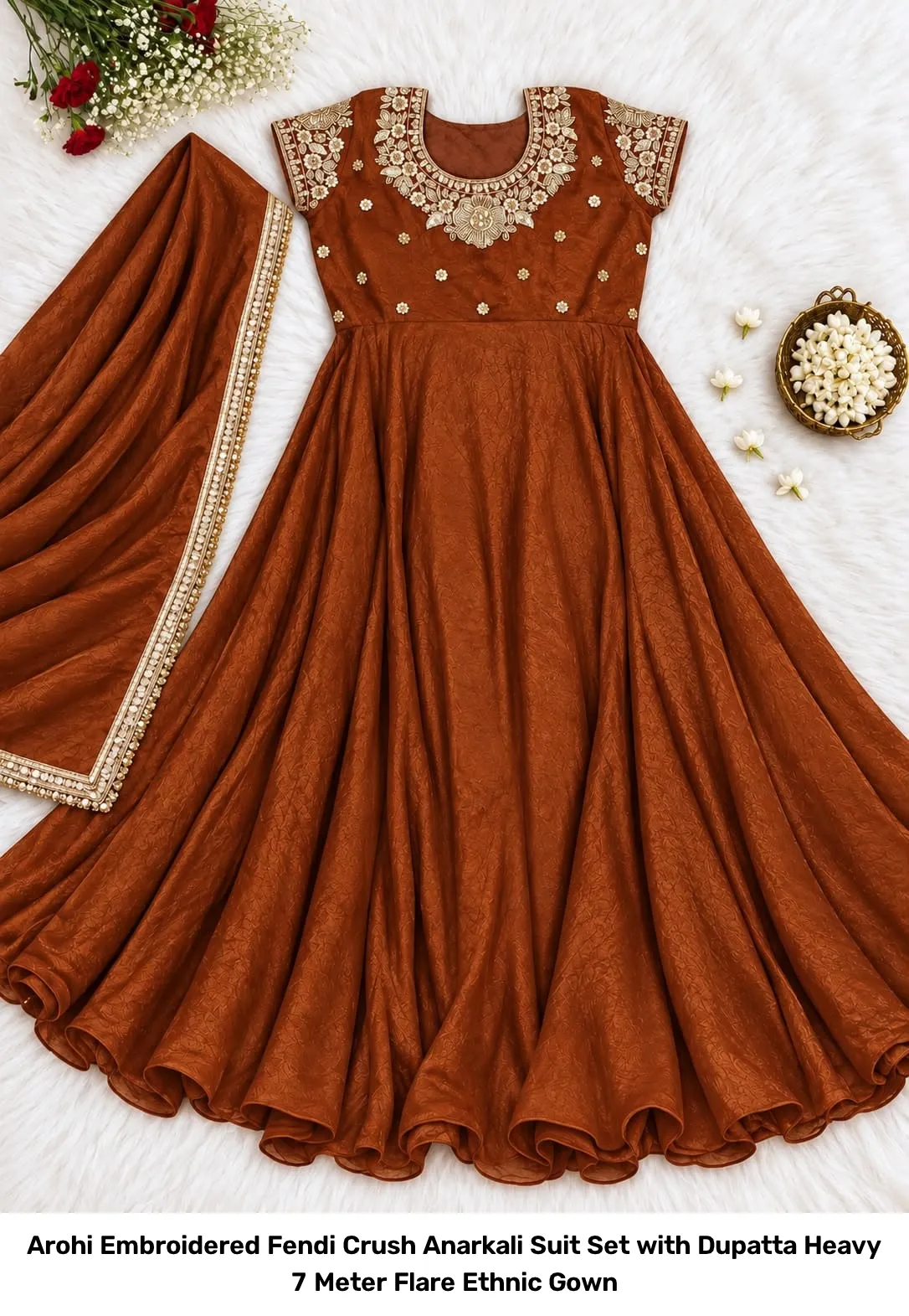 Arohi Embroidered Fendi Crush Anarkali Suit Set with Dupatta – Heavy 7 Meter Flare Ethnic Gown 5