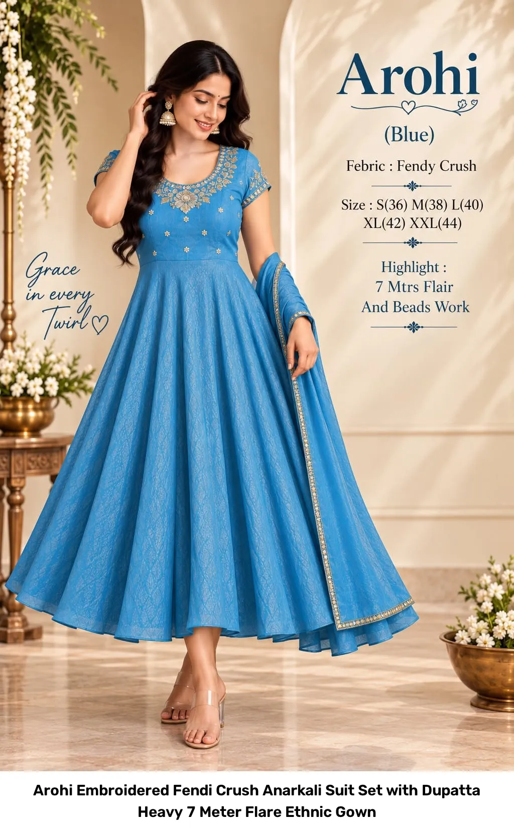 Arohi Embroidered Fendi Crush Anarkali Suit Set with Dupatta – Heavy 7 Meter Flare Ethnic Gown 7