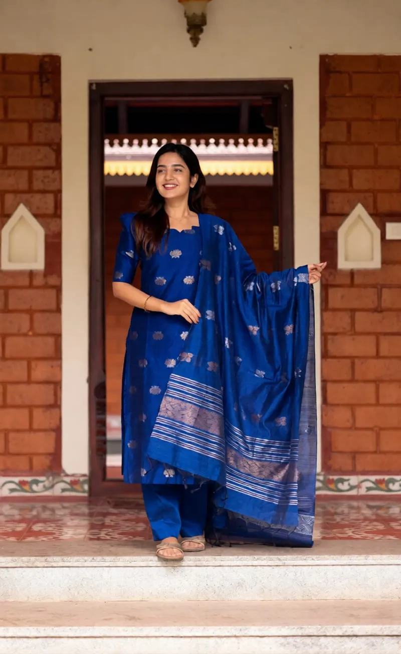 Athira Kanchi Cotton Embroidered Kurti Pant Set with Zari Border Dupatta (3-Piece Festive Salwar Suit for Women)