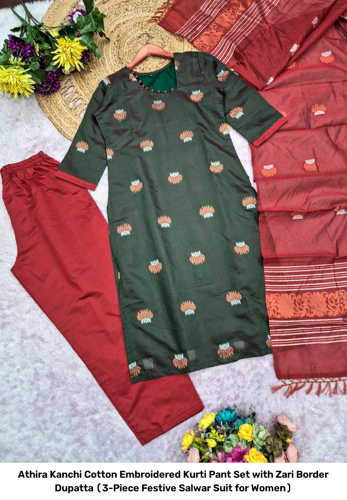 Athira Kanchi Cotton Embroidered Kurti Pant Set with Zari Border Dupatta (3-Piece Festive Salwar Suit for Women) 10