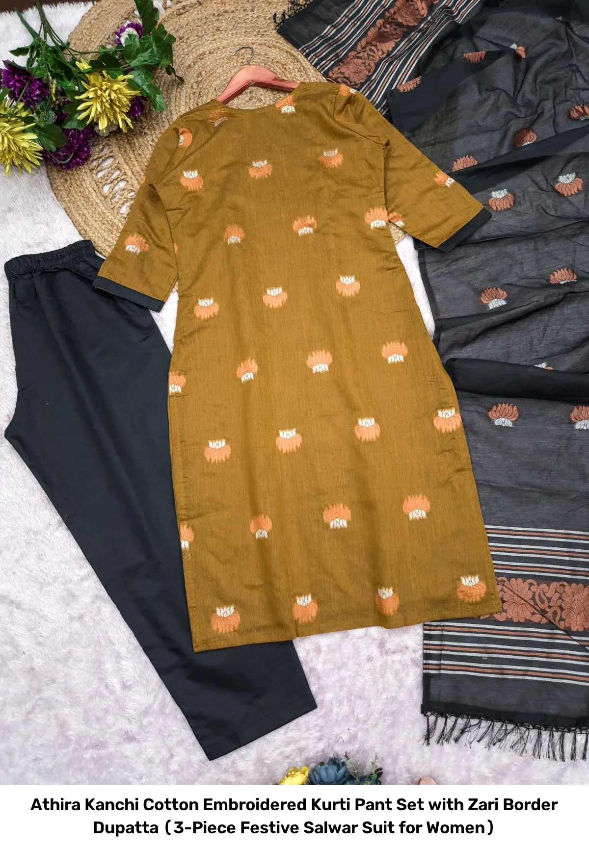 Athira Kanchi Cotton Embroidered Kurti Pant Set with Zari Border Dupatta (3-Piece Festive Salwar Suit for Women) 2