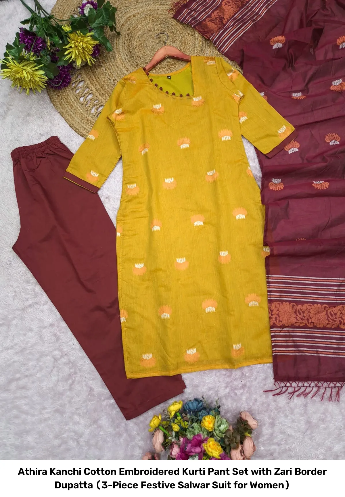 Athira Kanchi Cotton Embroidered Kurti Pant Set with Zari Border Dupatta (3-Piece Festive Salwar Suit for Women) 3