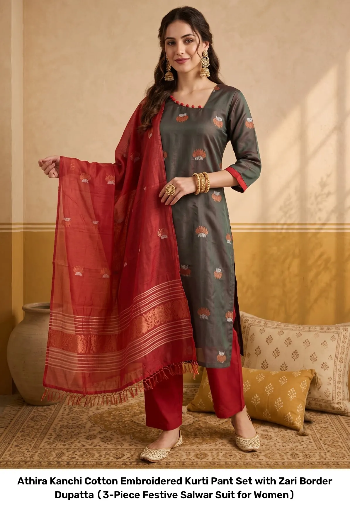 Athira Kanchi Cotton Embroidered Kurti Pant Set with Zari Border Dupatta (3-Piece Festive Salwar Suit for Women) 4