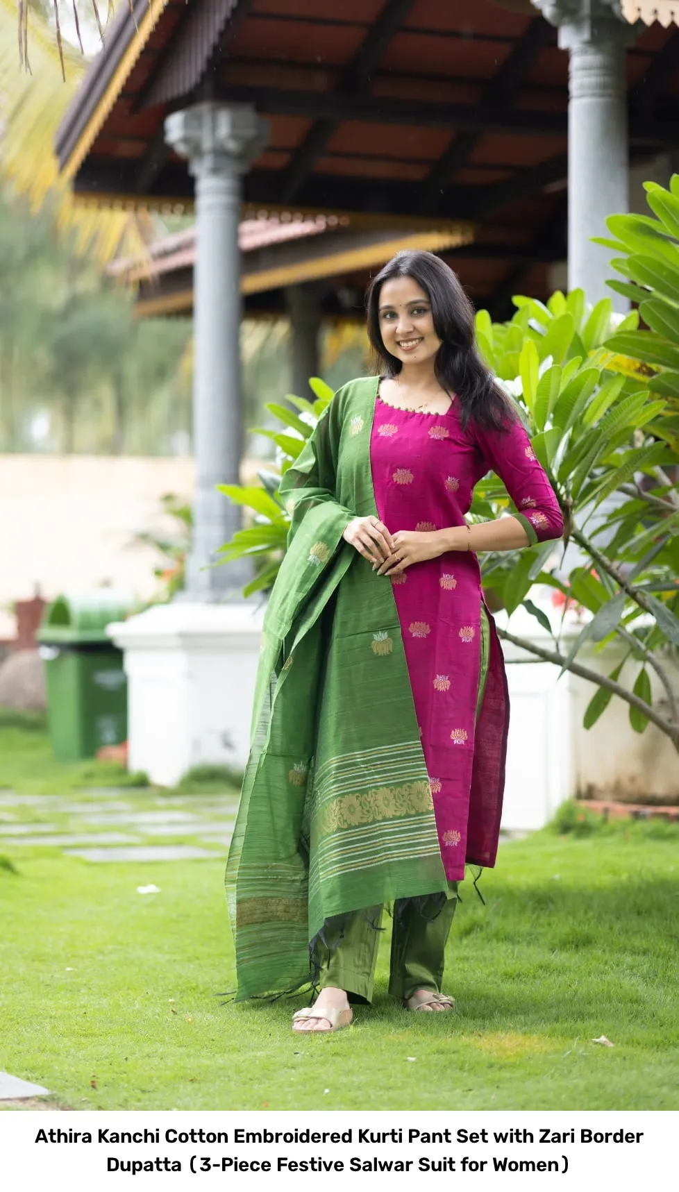 Athira Kanchi Cotton Embroidered Kurti Pant Set with Zari Border Dupatta (3-Piece Festive Salwar Suit for Women) 5
