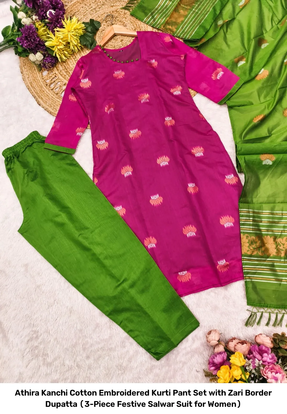 Athira Kanchi Cotton Embroidered Kurti Pant Set with Zari Border Dupatta (3-Piece Festive Salwar Suit for Women) 6