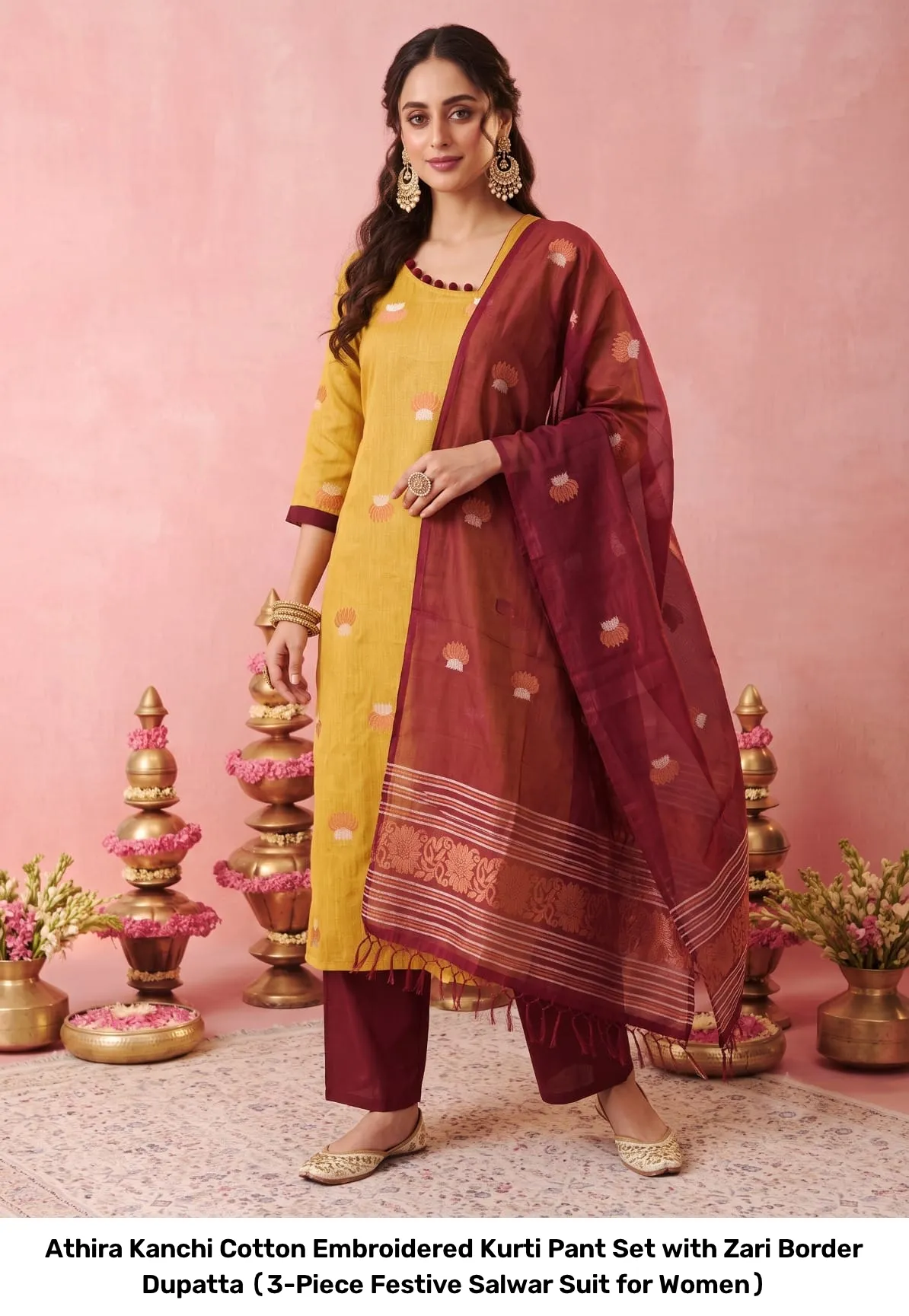Athira Kanchi Cotton Embroidered Kurti Pant Set with Zari Border Dupatta (3-Piece Festive Salwar Suit for Women) 7