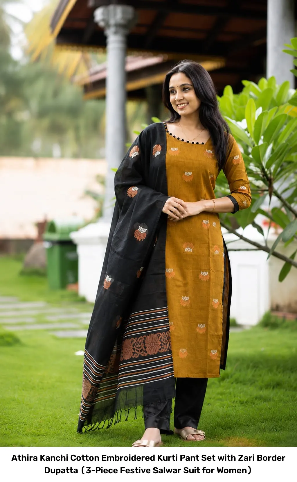 Athira Kanchi Cotton Embroidered Kurti Pant Set with Zari Border Dupatta (3-Piece Festive Salwar Suit for Women) 8
