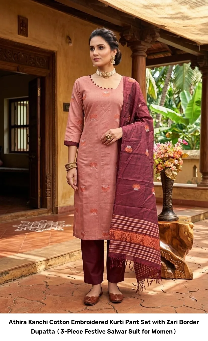 Athira Kanchi Cotton Embroidered Kurti Pant Set with Zari Border Dupatta (3-Piece Festive Salwar Suit for Women) 9