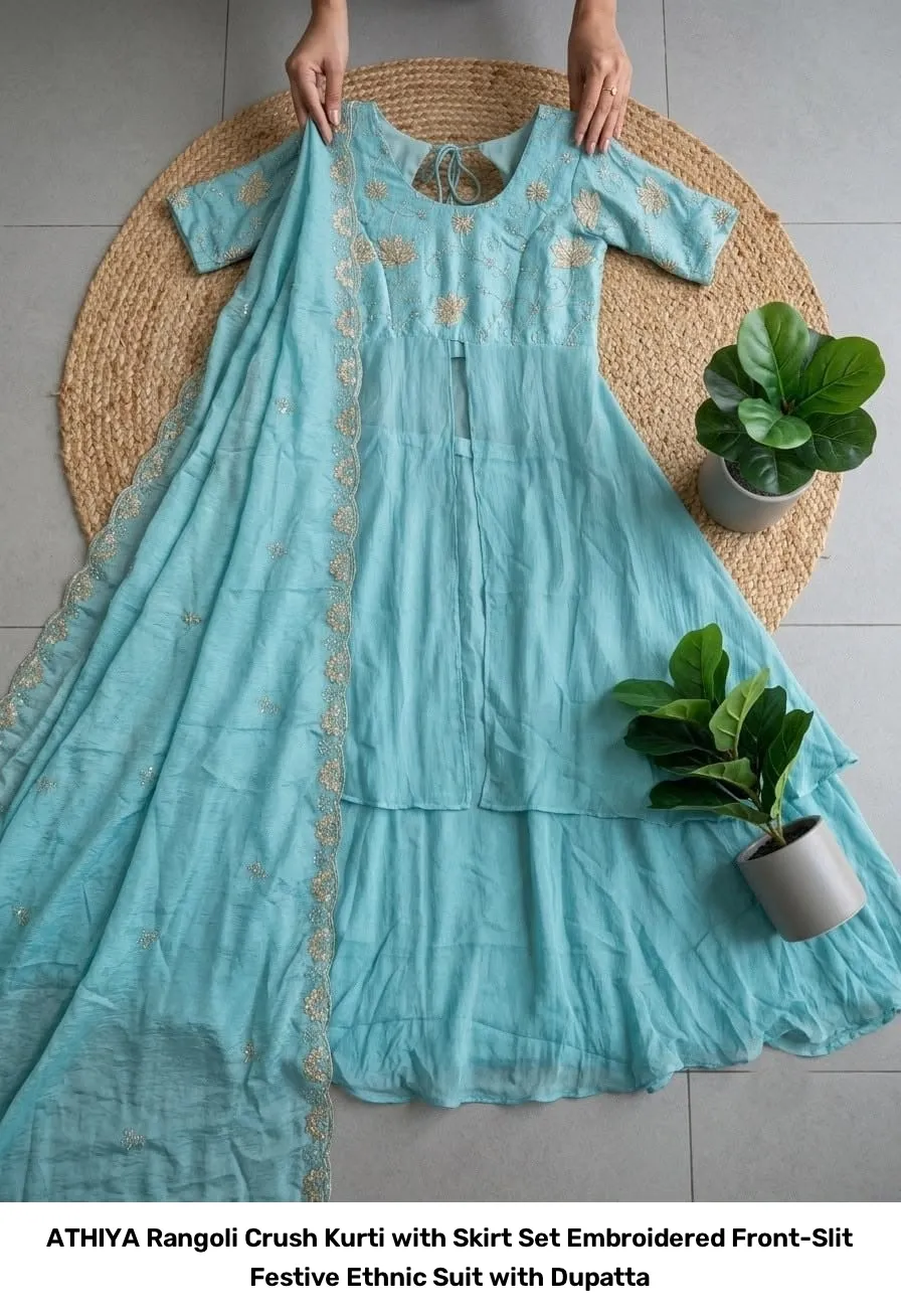 ATHIYA Rangoli Crush Kurti with Skirt Set – Embroidered Front-Slit Festive Ethnic Suit with Dupatta 6