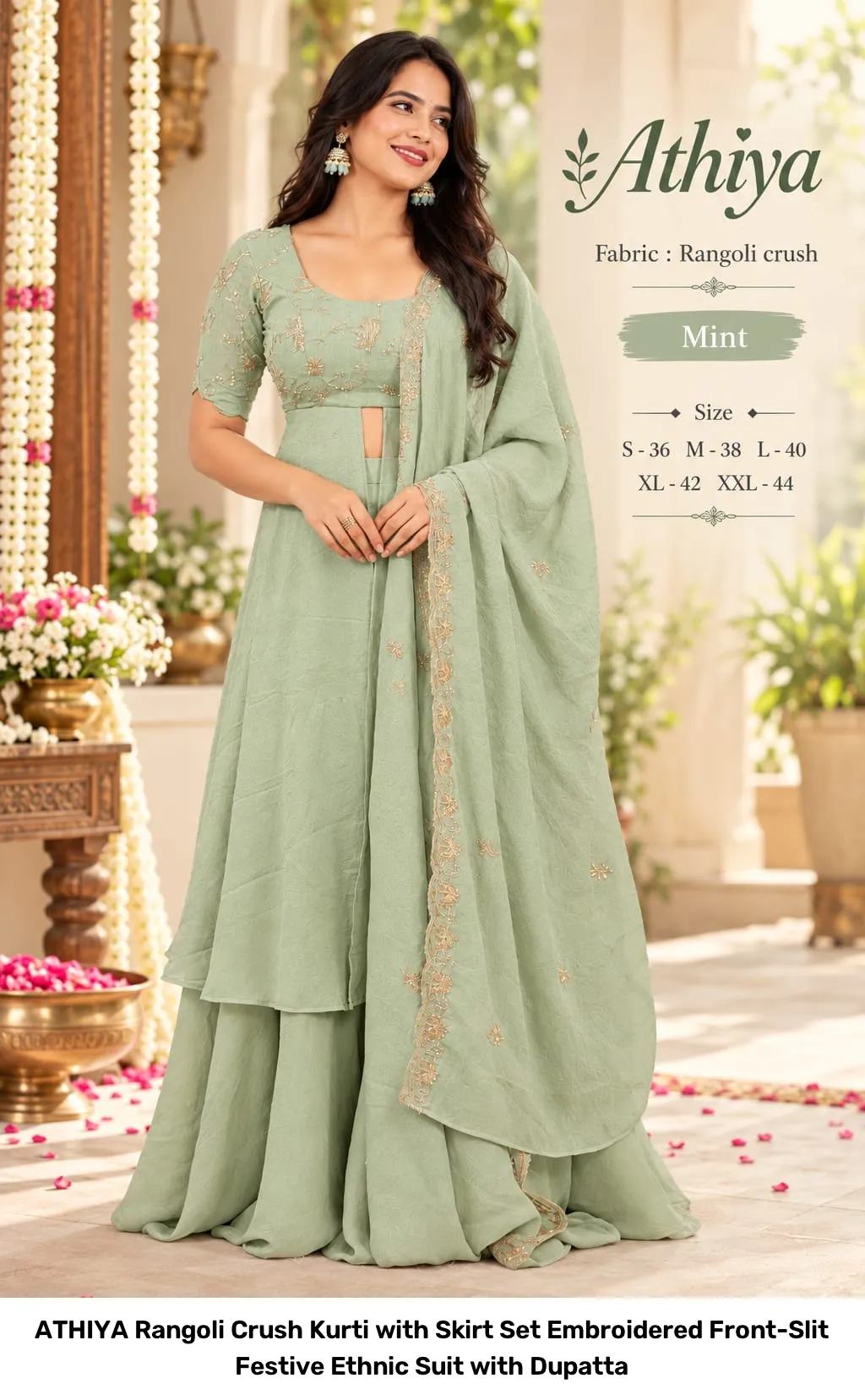 ATHIYA Rangoli Crush Kurti with Skirt Set – Embroidered Front-Slit Festive Ethnic Suit with Dupatta 8