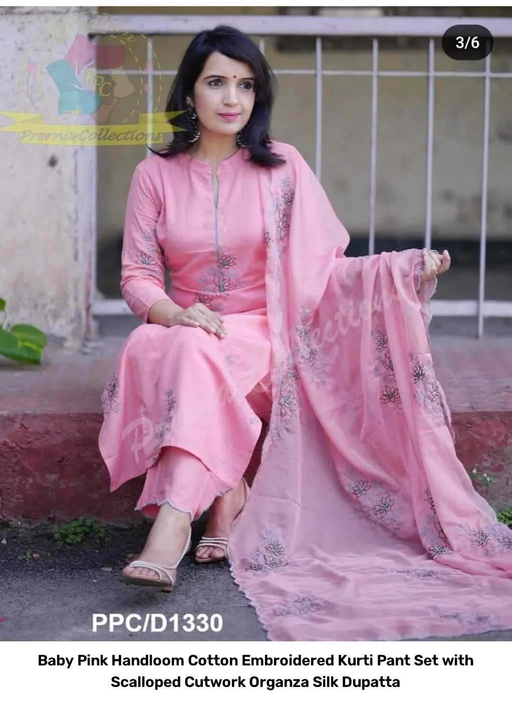 Baby Pink Handloom Cotton Embroidered Kurti Pant Set with Scalloped Cutwork Organza Silk Dupatta 2