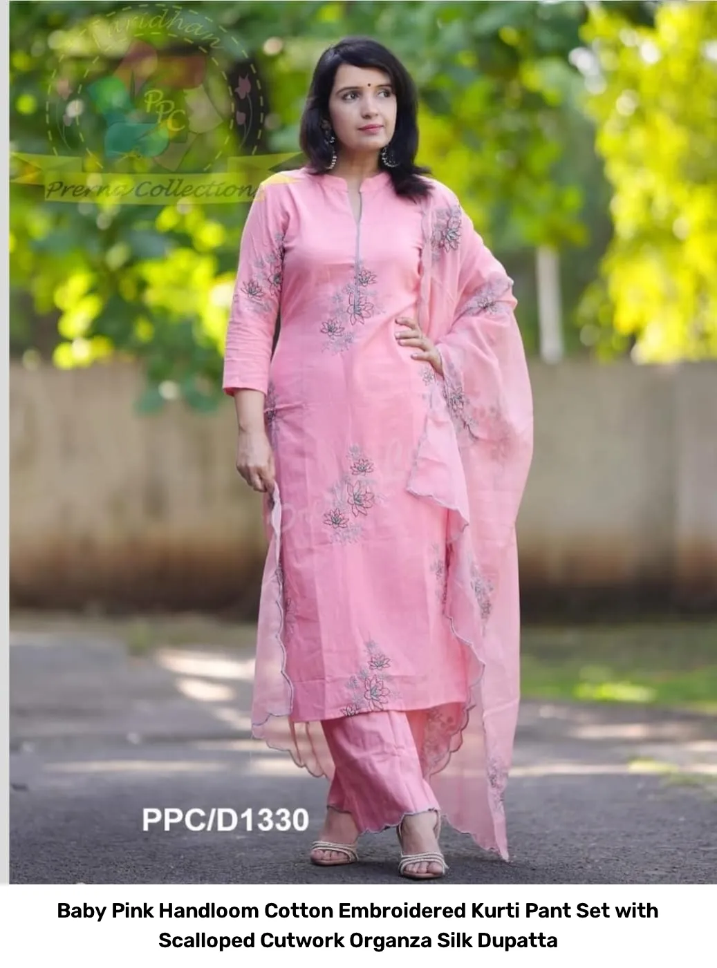 Baby Pink Handloom Cotton Embroidered Kurti Pant Set with Scalloped Cutwork Organza Silk Dupatta 3