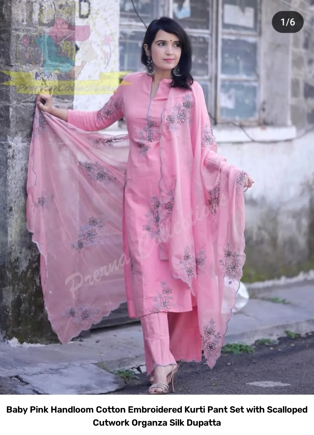 Baby Pink Handloom Cotton Embroidered Kurti Pant Set with Scalloped Cutwork Organza Silk Dupatta 4