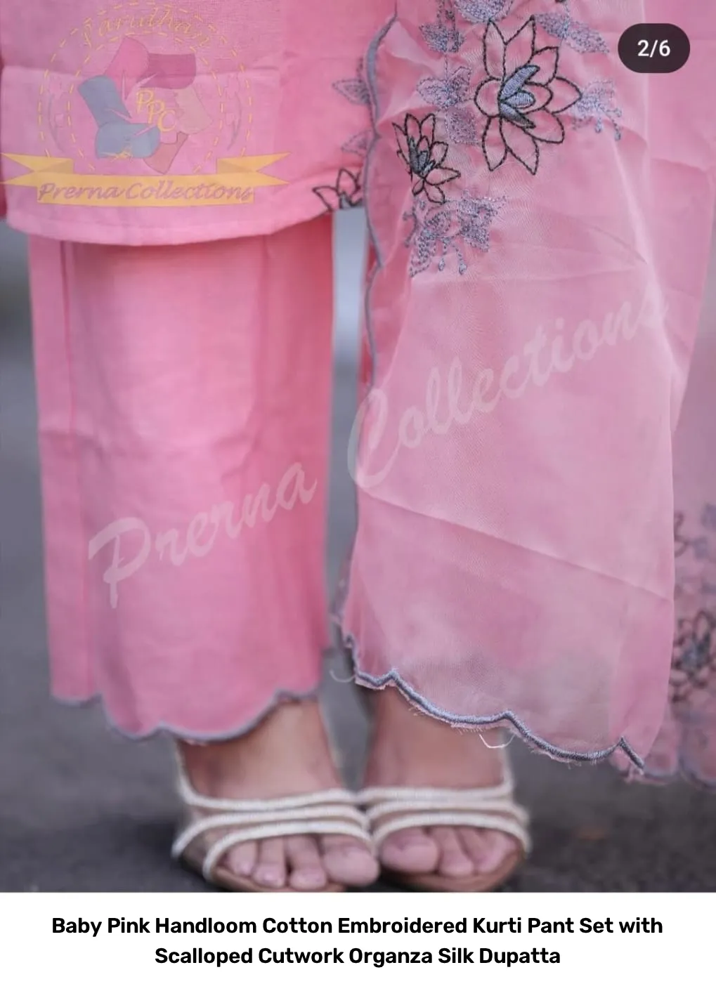 Baby Pink Handloom Cotton Embroidered Kurti Pant Set with Scalloped Cutwork Organza Silk Dupatta 5