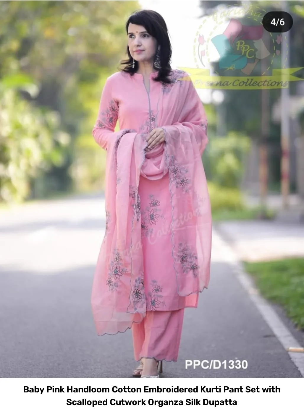 Baby Pink Handloom Cotton Embroidered Kurti Pant Set with Scalloped Cutwork Organza Silk Dupatta 8