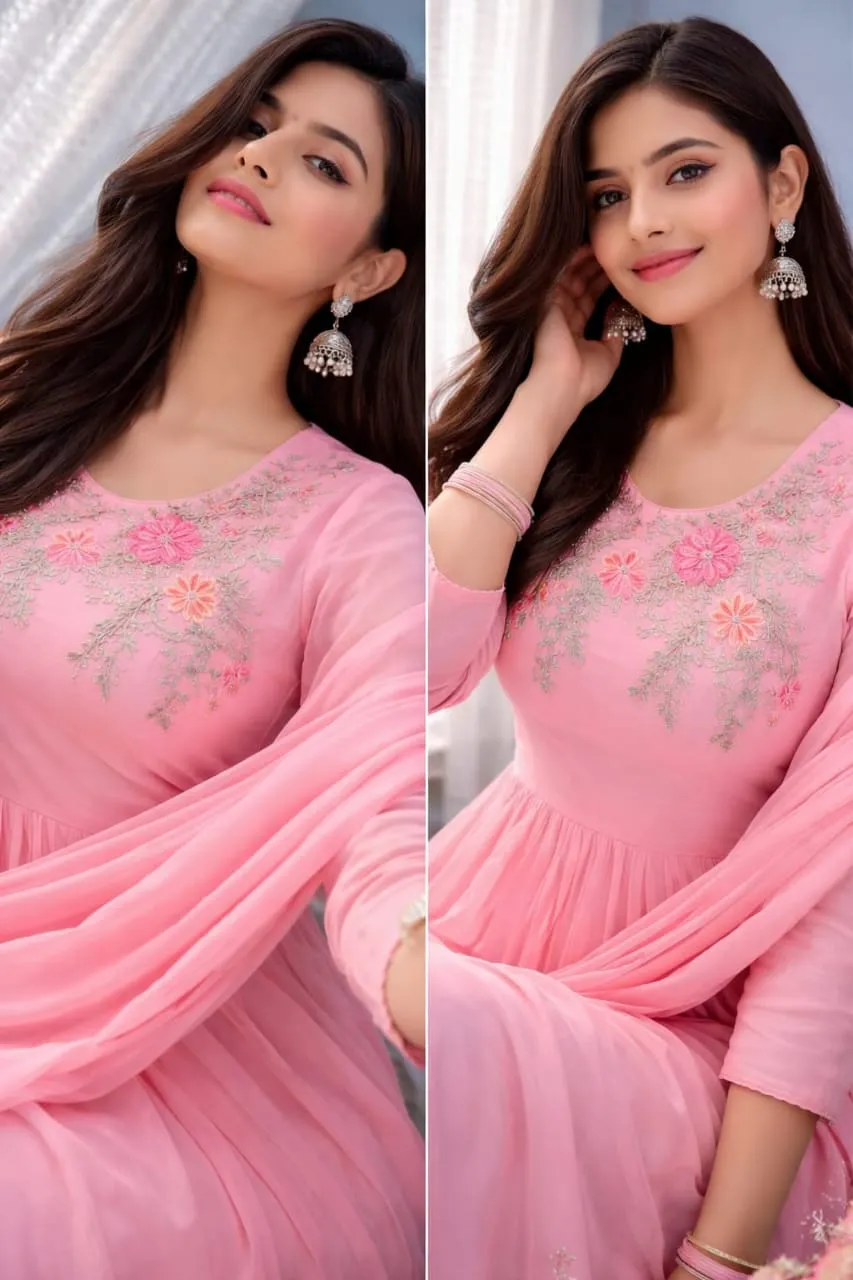 Baby Pink Pure Cotton 60/60 Embroidered Anarkali Kurti Pant Set with Mulmul Dupatta 1