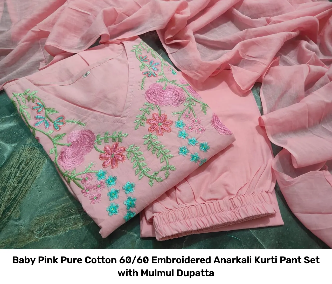 Baby Pink Pure Cotton 60/60 Embroidered Anarkali Kurti Pant Set with Mulmul Dupatta 3