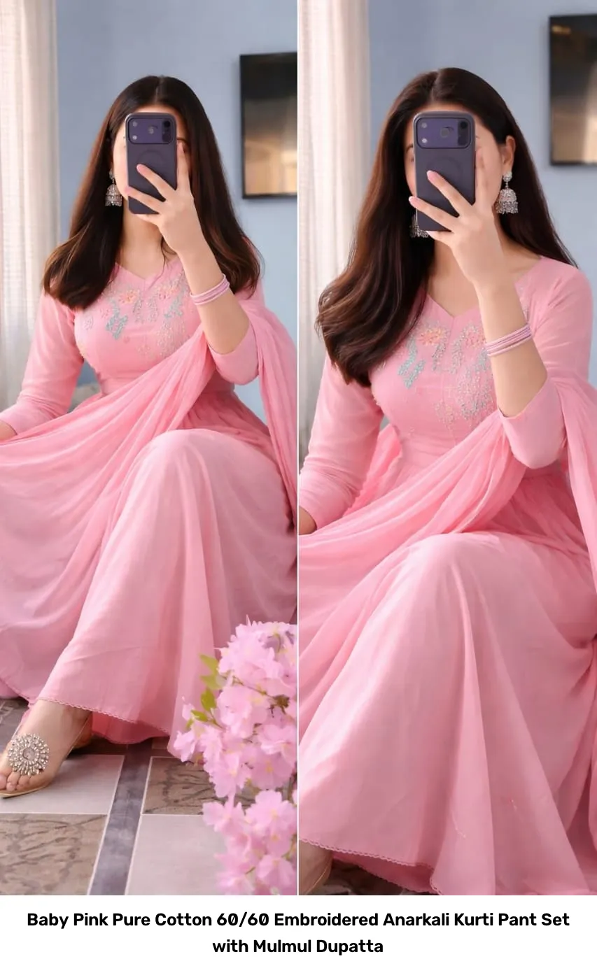 Baby Pink Pure Cotton 60/60 Embroidered Anarkali Kurti Pant Set with Mulmul Dupatta 4