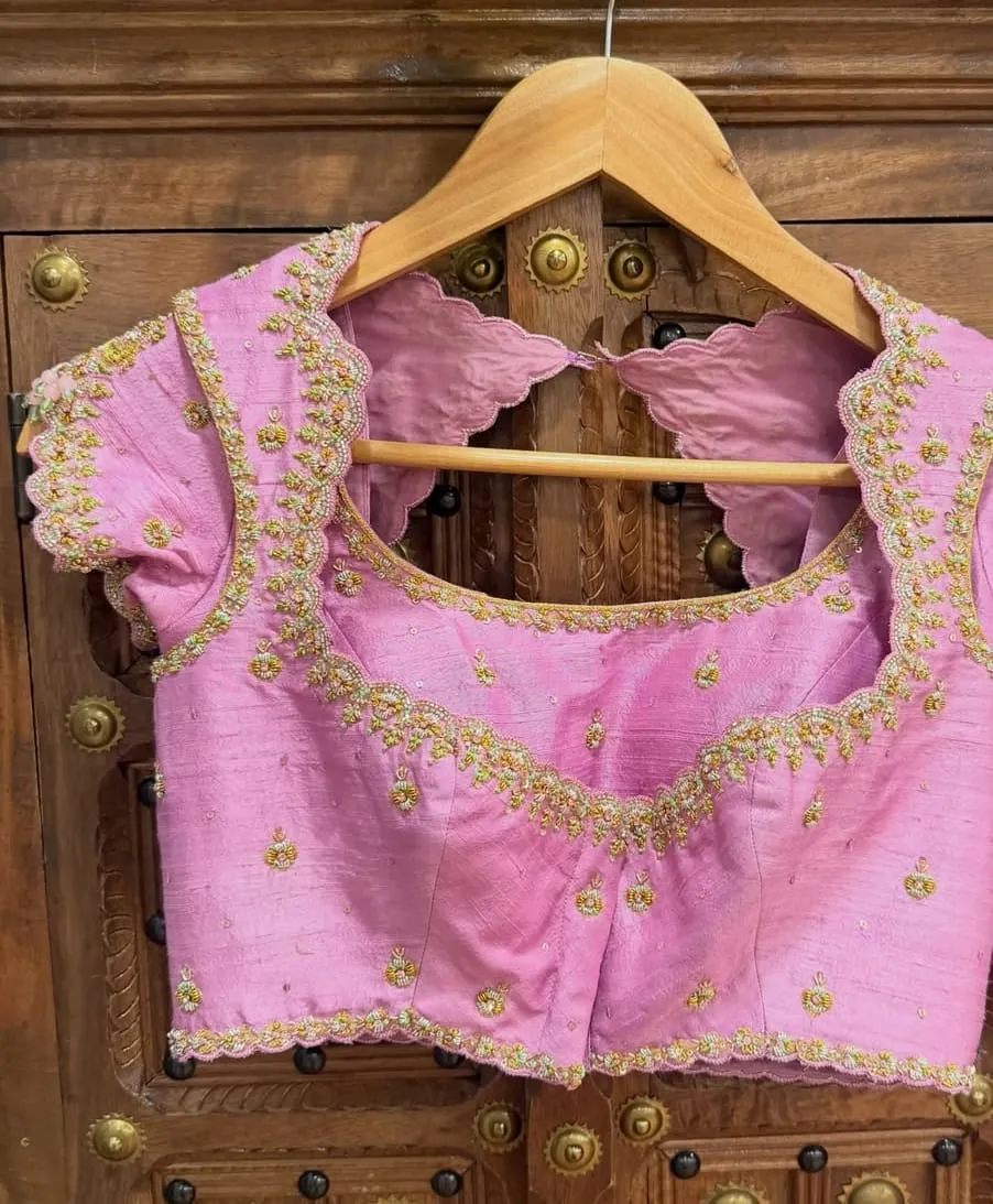 Baby Pink Raw Silk Blouse with Scalloped Pearl & Cutdana Maggam Work | Designer Deep U Cutout Back Bridal Saree Blouse