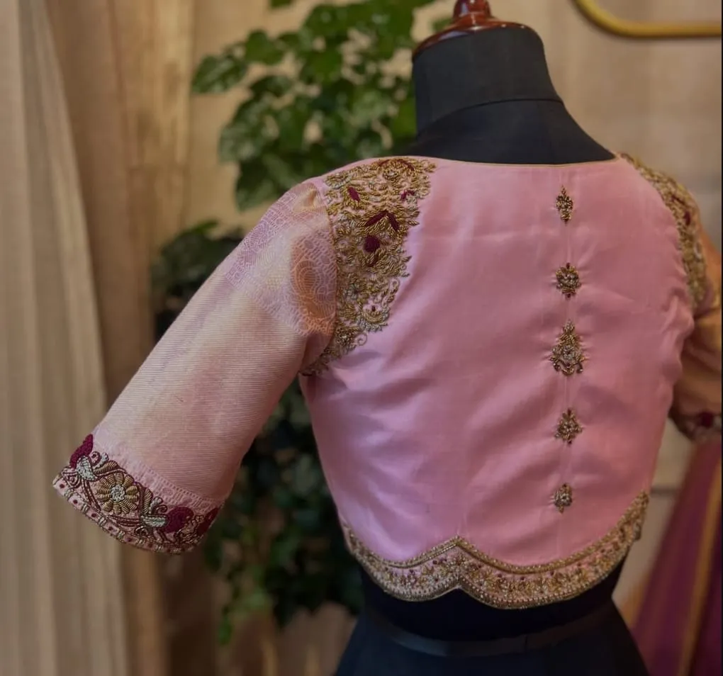 Baby Pink Silk Designer Blouse | Gold Zardozi Hand Embroidery | Scalloped Hem & Shoulder Yoke Work | Kanchipuram Border Sleeves | Bridal Wear