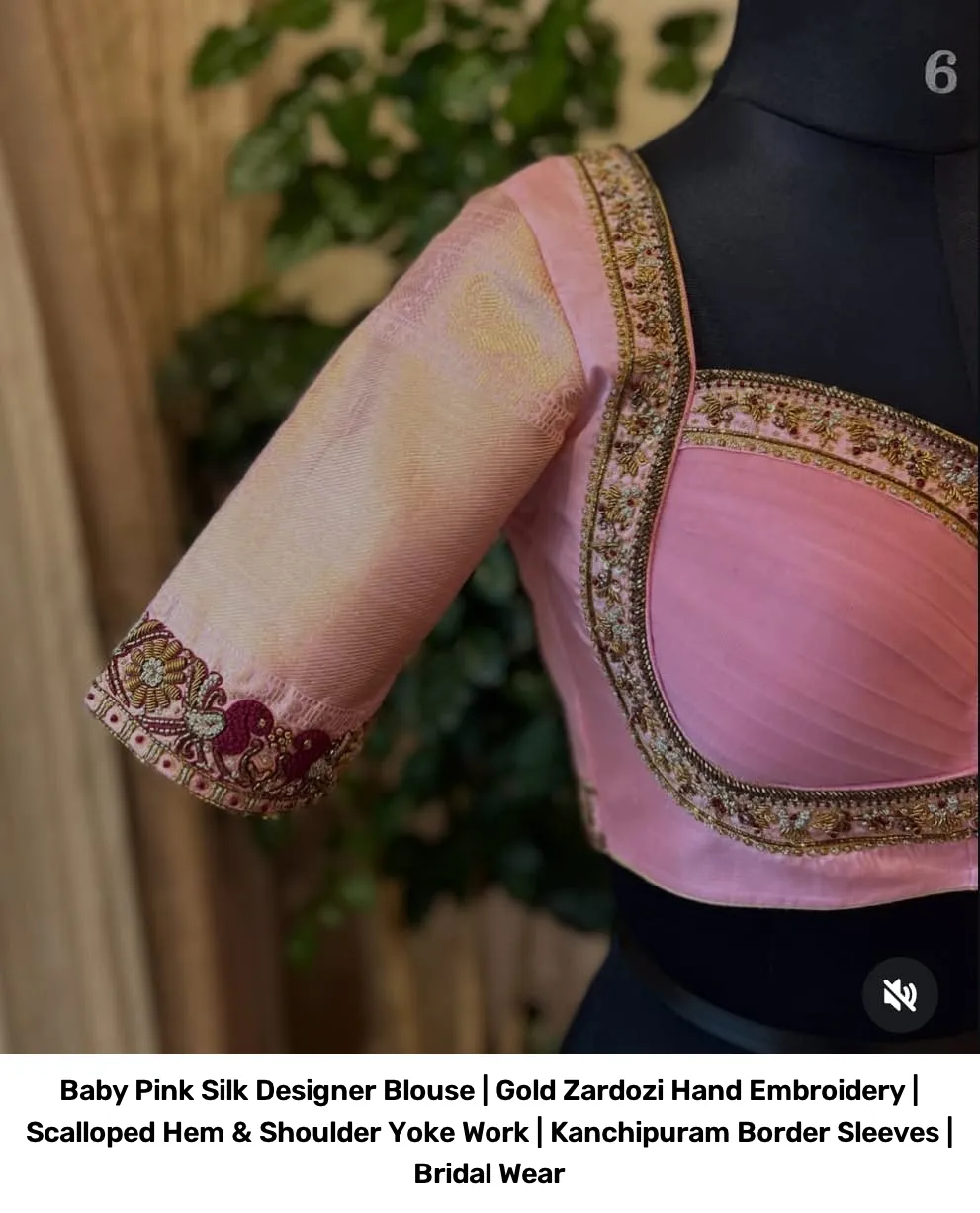 Baby Pink Silk Designer Blouse | Gold Zardozi Hand Embroidery | Scalloped Hem & Shoulder Yoke Work | Kanchipuram Border Sleeves | Bridal Wear 5