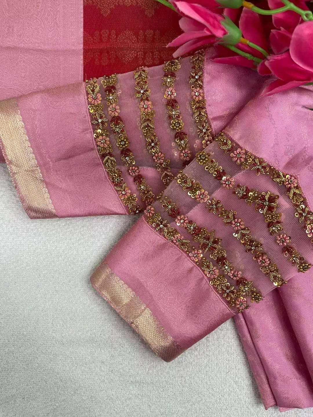 Baby Pink Silk Maggam Work Blouse | Sheer Pleated Net Back Neck with Multi-Striped Aari Floral Sleeves