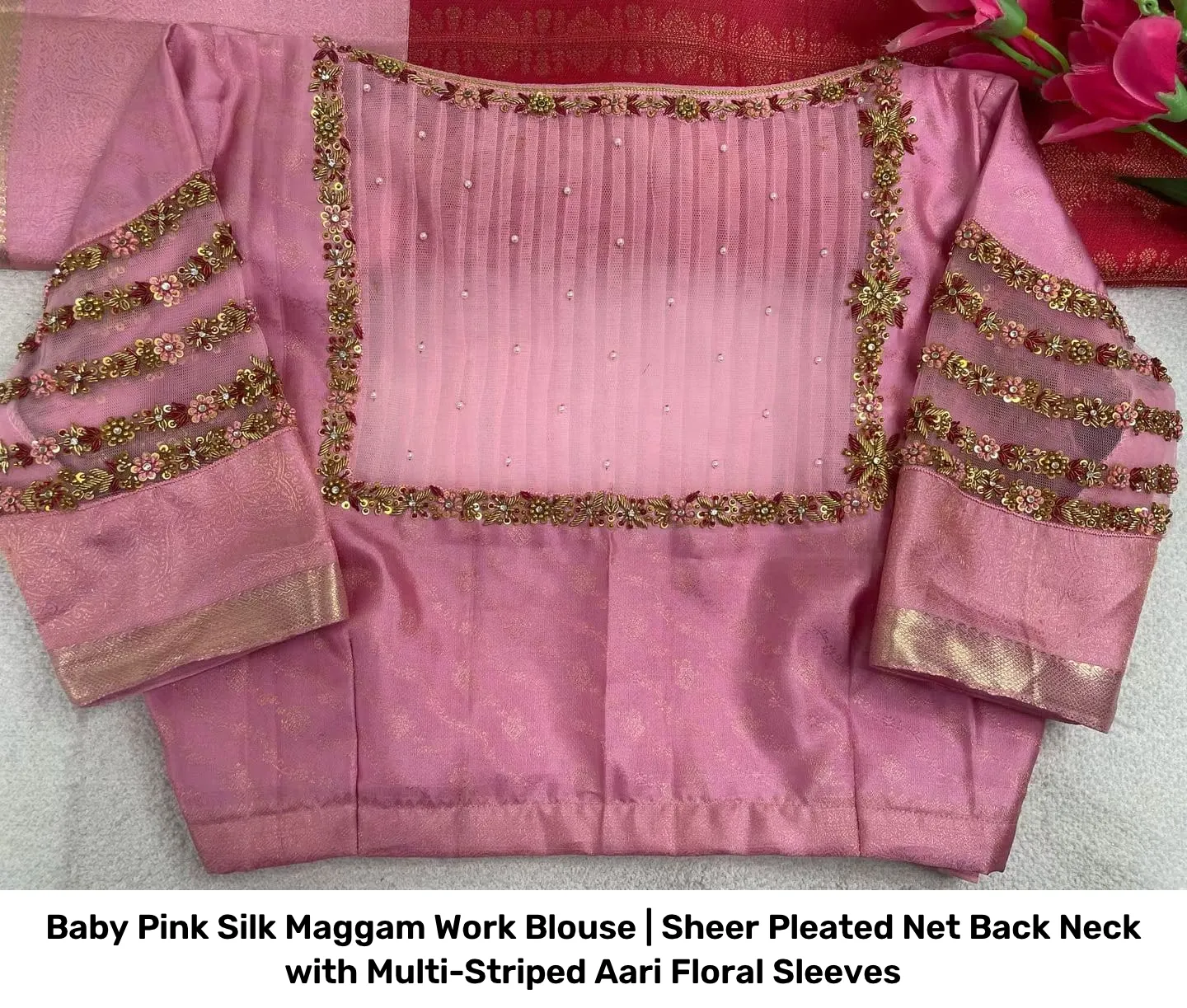 Baby Pink Silk Maggam Work Blouse | Sheer Pleated Net Back Neck with Multi-Striped Aari Floral Sleeves 2