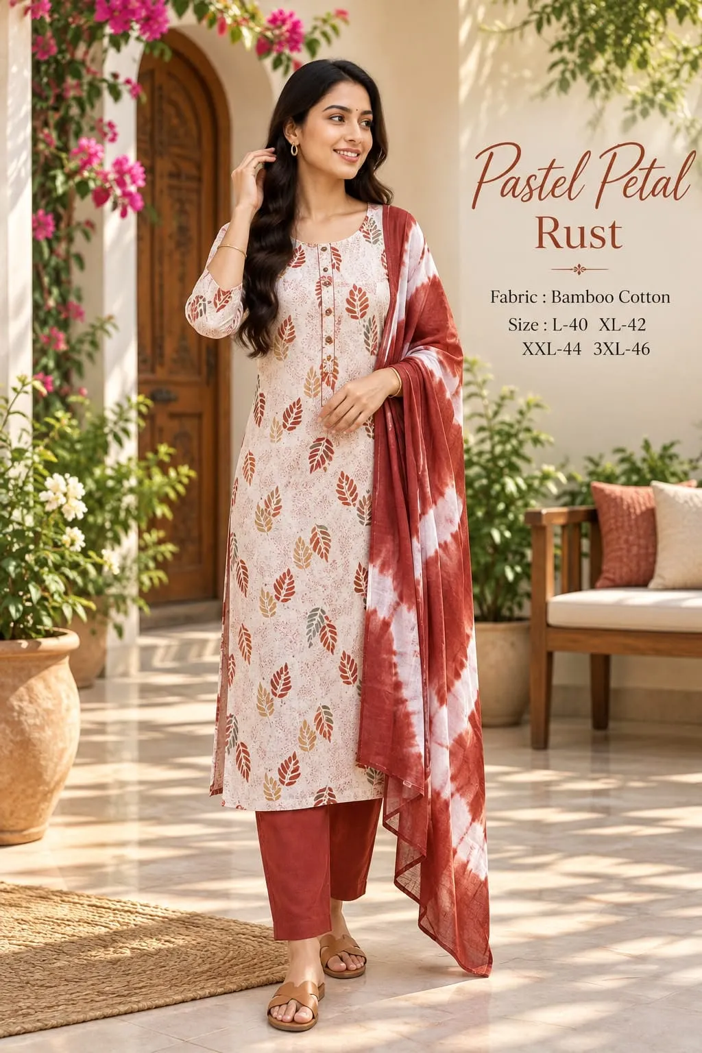 Bamboo Cotton Printed Kurti Pant Set with Tie-Dye Dupatta
