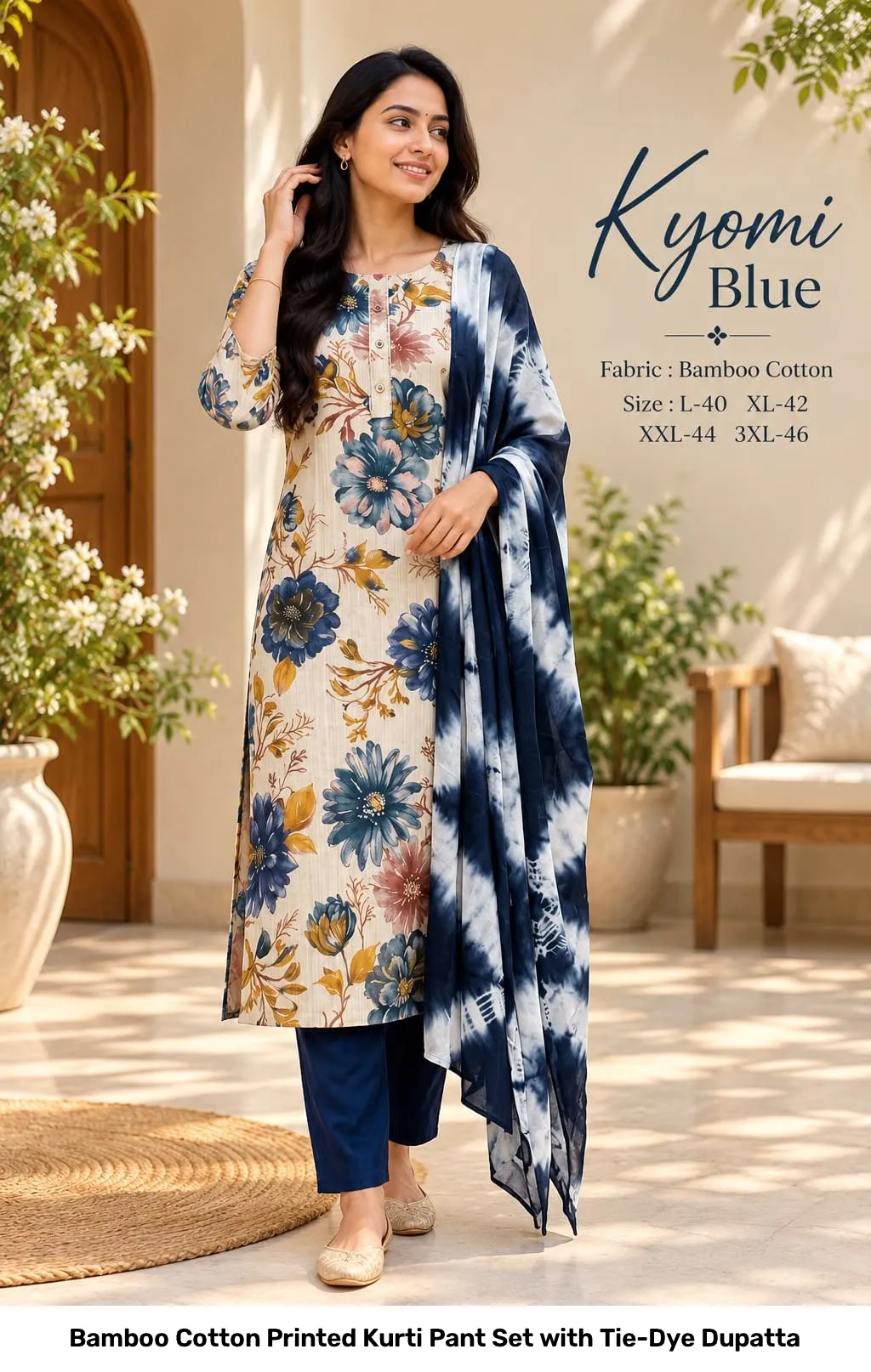 Bamboo Cotton Printed Kurti Pant Set with Tie-Dye Dupatta 9
