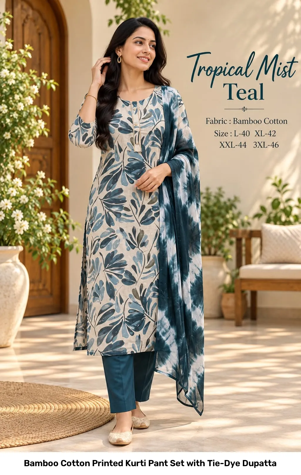 Bamboo Cotton Printed Kurti Pant Set with Tie-Dye Dupatta 10
