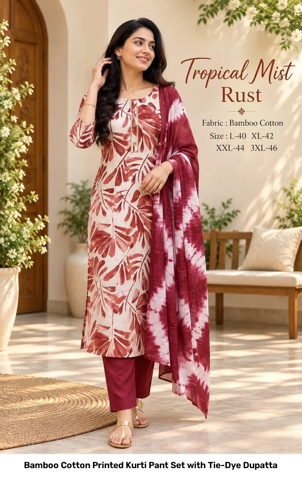 Bamboo Cotton Printed Kurti Pant Set with Tie-Dye Dupatta 2