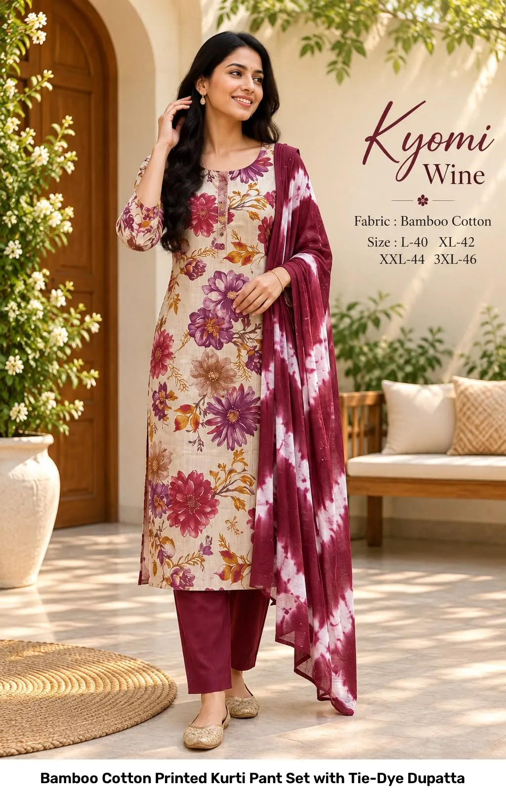 Bamboo Cotton Printed Kurti Pant Set with Tie-Dye Dupatta 3