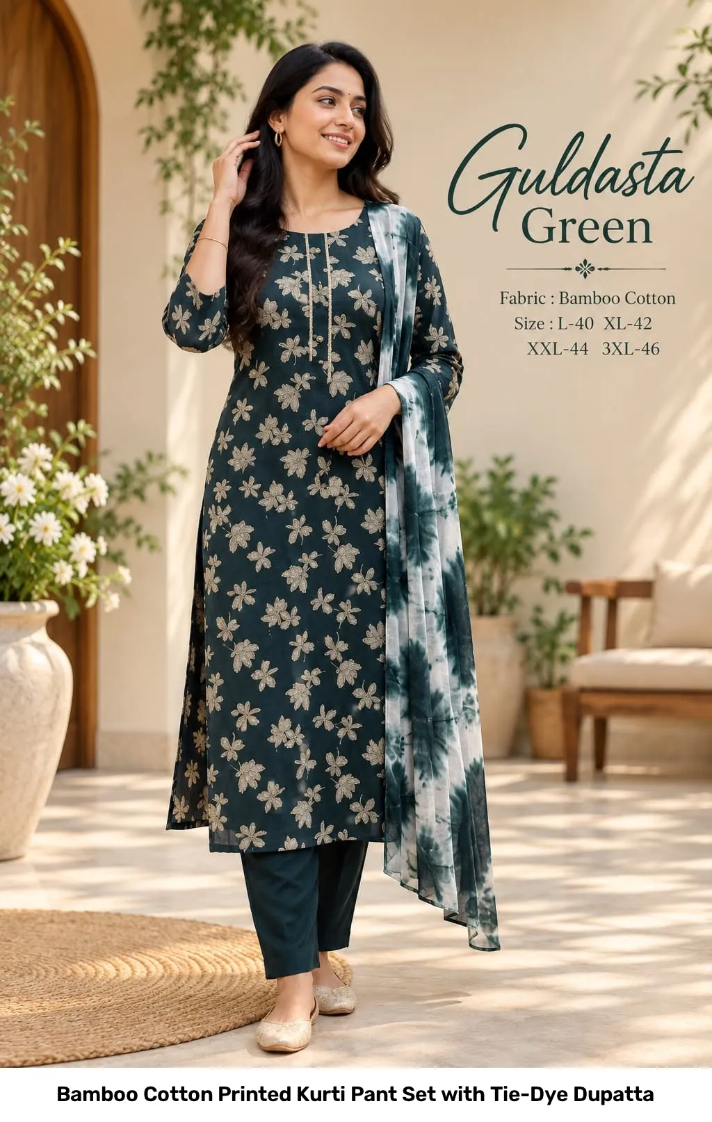 Bamboo Cotton Printed Kurti Pant Set with Tie-Dye Dupatta 4
