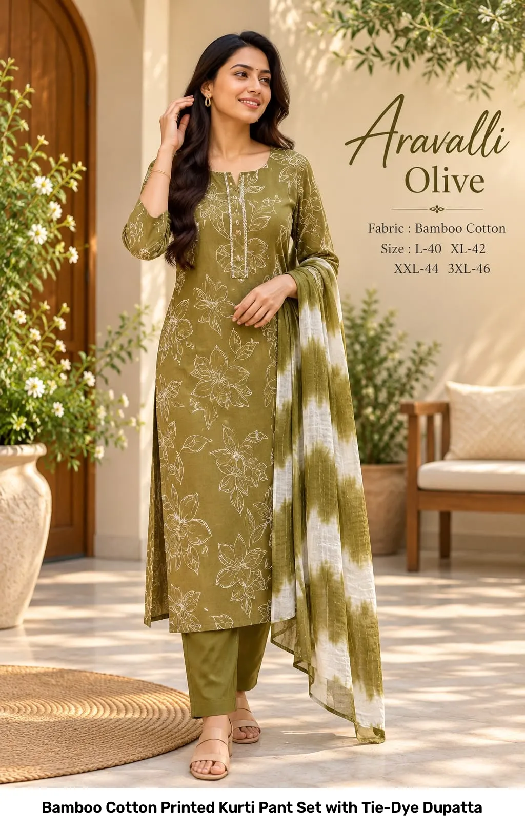 Bamboo Cotton Printed Kurti Pant Set with Tie-Dye Dupatta 5