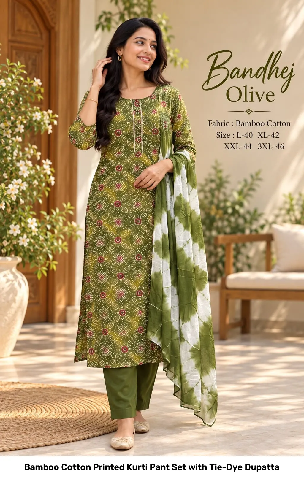 Bamboo Cotton Printed Kurti Pant Set with Tie-Dye Dupatta 6