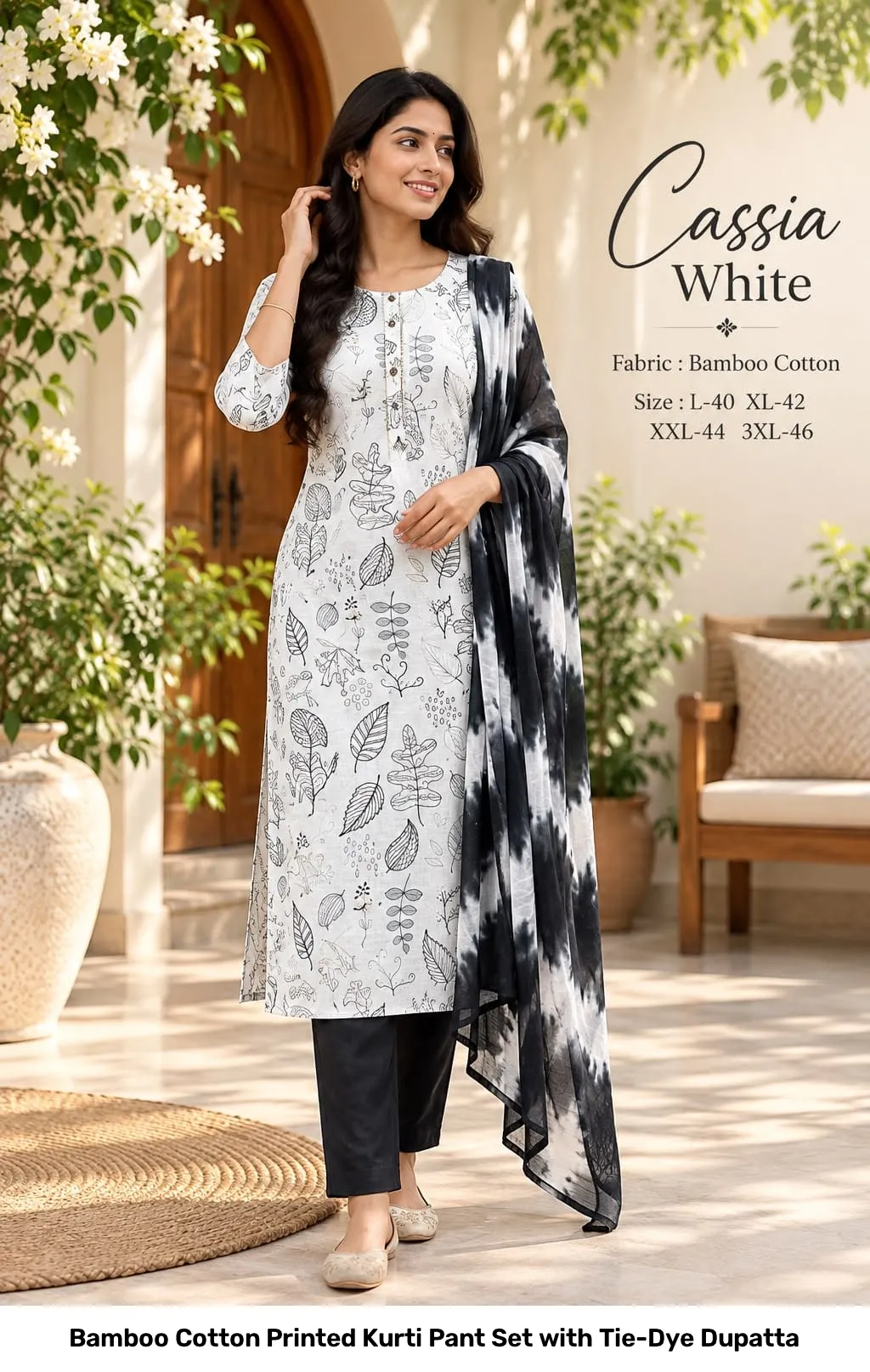 Bamboo Cotton Printed Kurti Pant Set with Tie-Dye Dupatta 7