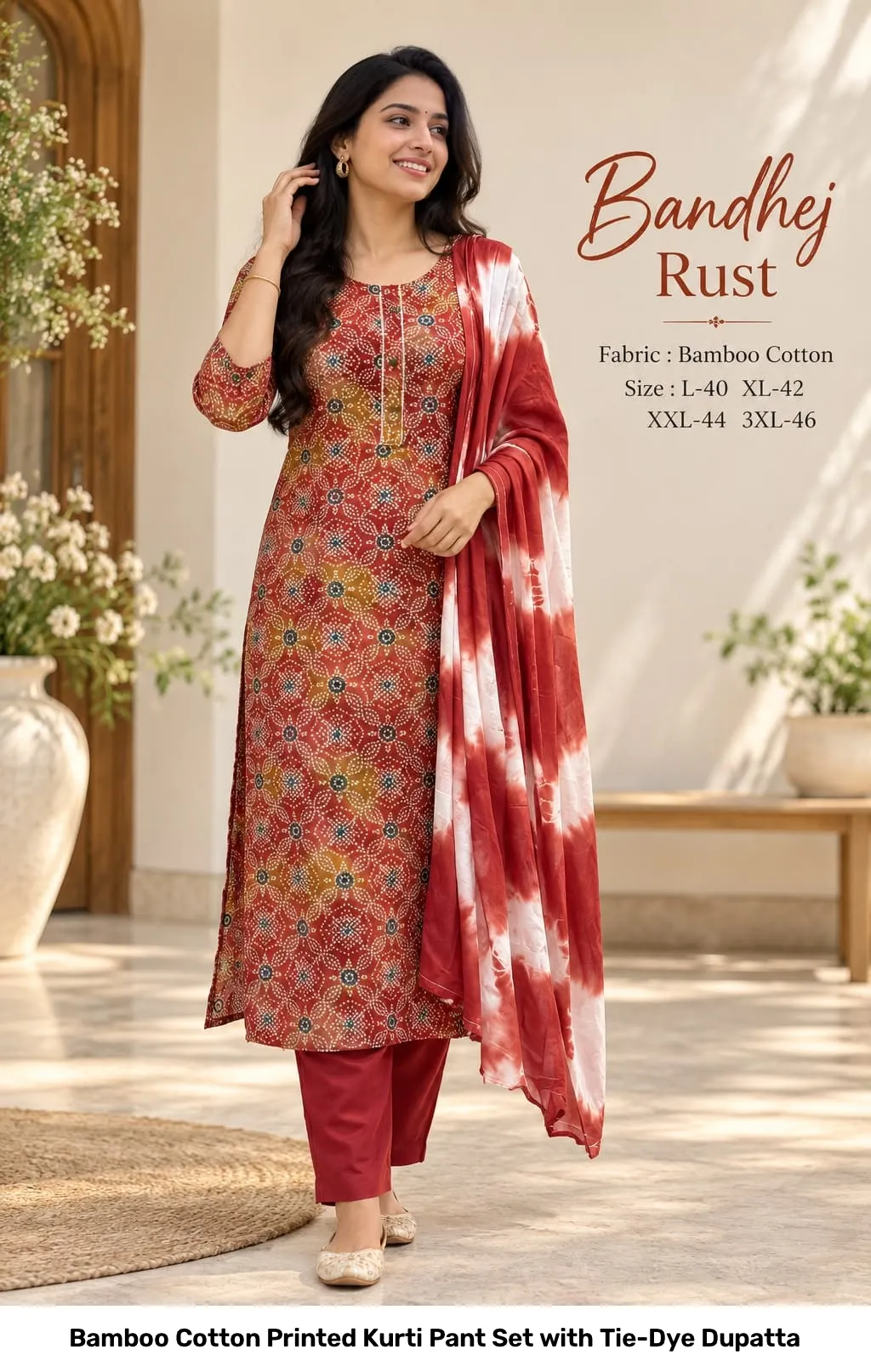 Bamboo Cotton Printed Kurti Pant Set with Tie-Dye Dupatta 8
