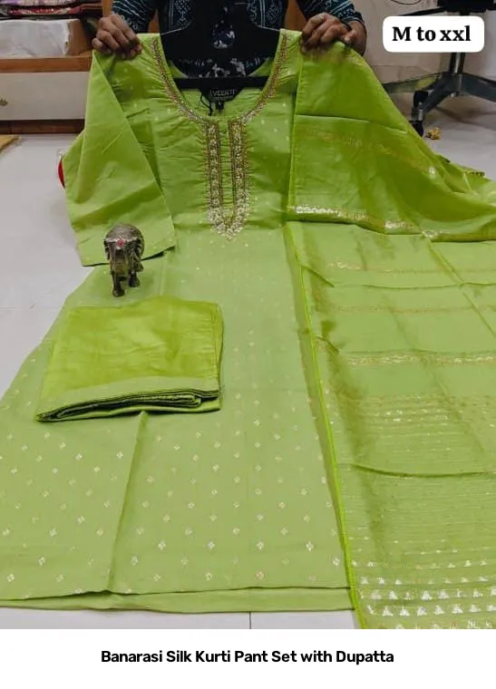 Banarasi Silk Kurti Pant Set with Dupatta 12