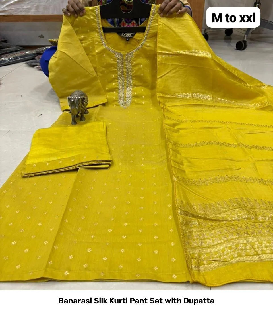 Banarasi Silk Kurti Pant Set with Dupatta 13