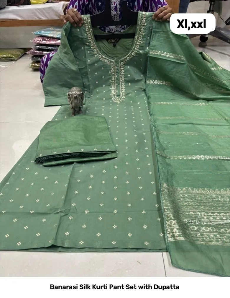 Banarasi Silk Kurti Pant Set with Dupatta 14