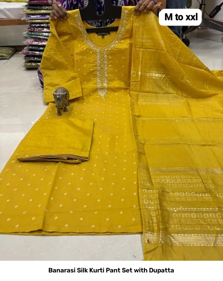 Banarasi Silk Kurti Pant Set with Dupatta 16