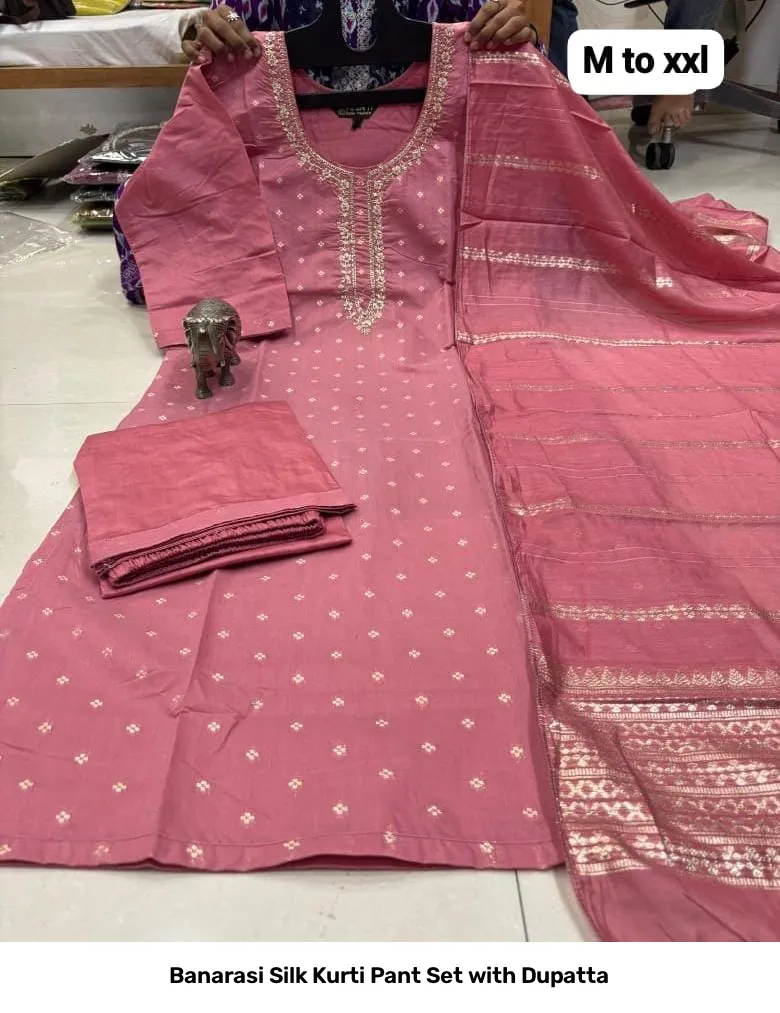 Banarasi Silk Kurti Pant Set with Dupatta 17