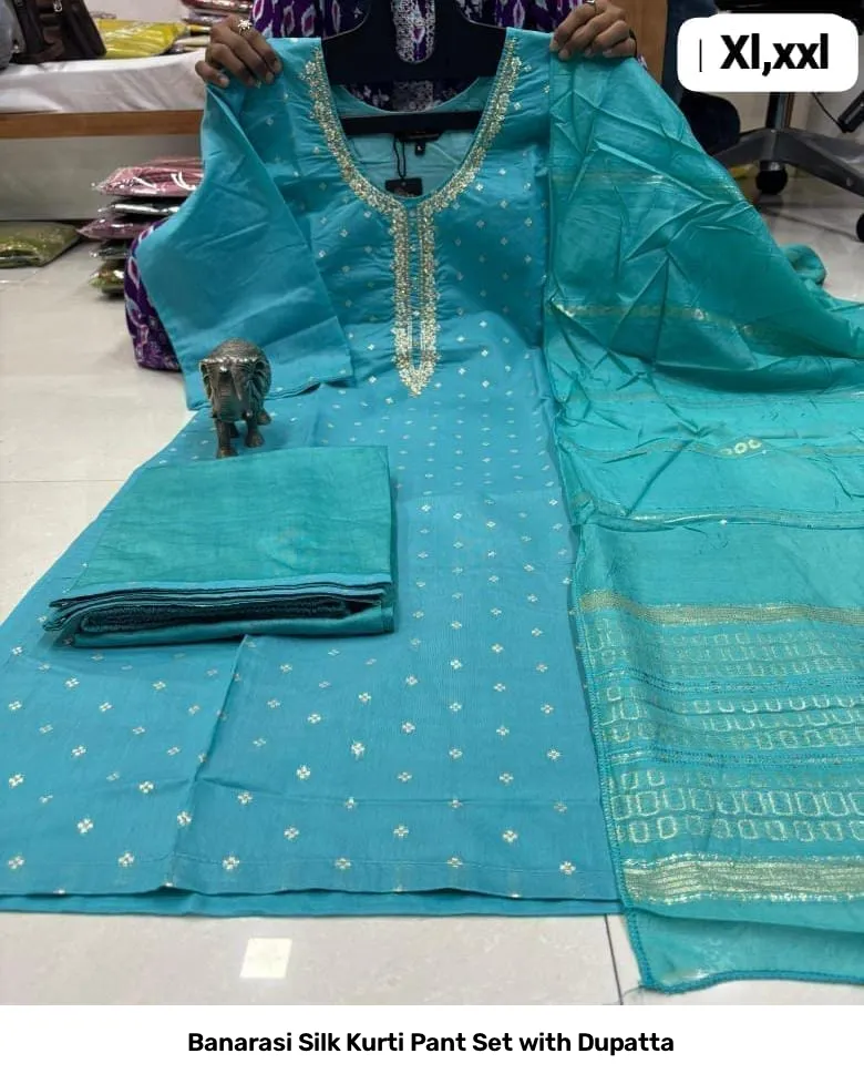 Banarasi Silk Kurti Pant Set with Dupatta 18