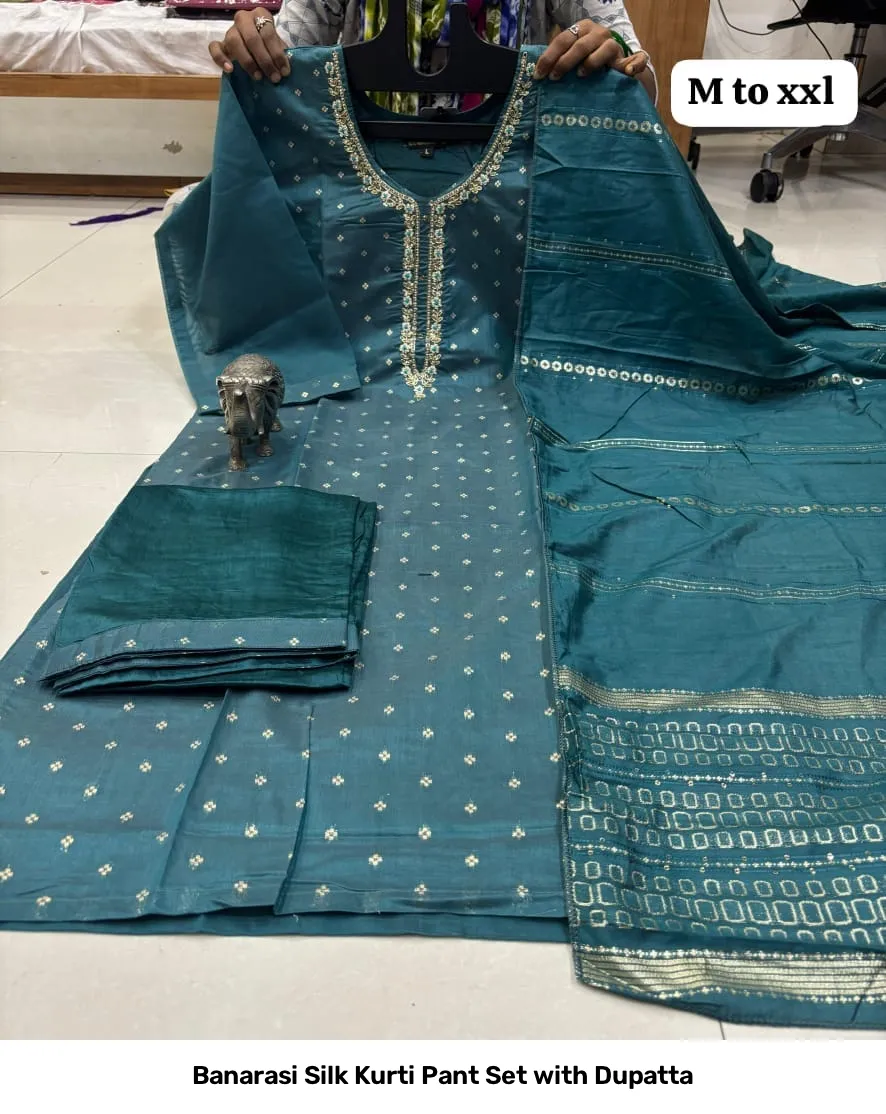 Banarasi Silk Kurti Pant Set with Dupatta 19