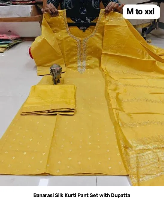 Banarasi Silk Kurti Pant Set with Dupatta 3
