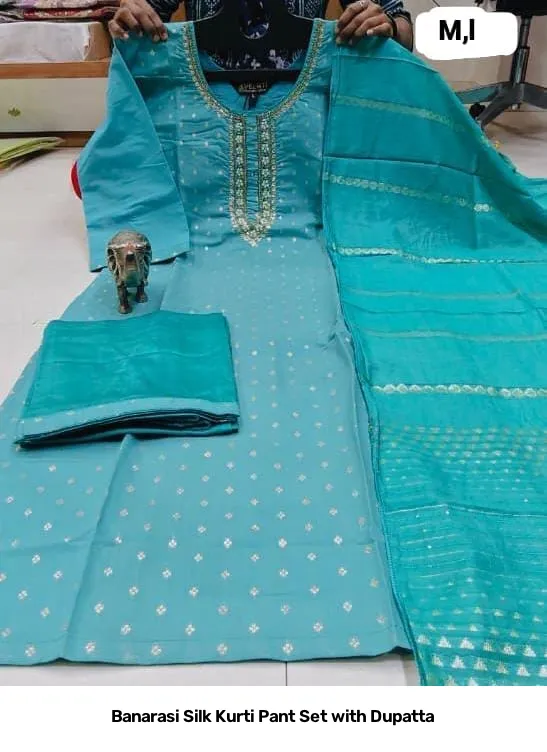Banarasi Silk Kurti Pant Set with Dupatta 4