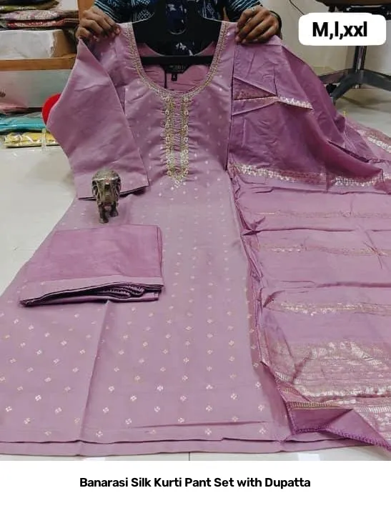 Banarasi Silk Kurti Pant Set with Dupatta 5
