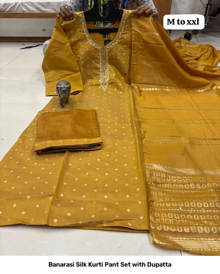 Banarasi Silk Kurti Pant Set with Dupatta 6