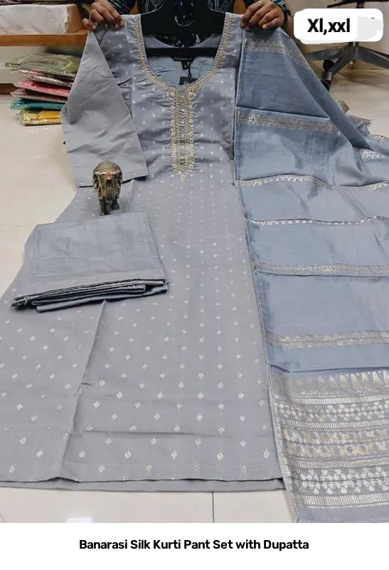 Banarasi Silk Kurti Pant Set with Dupatta 7