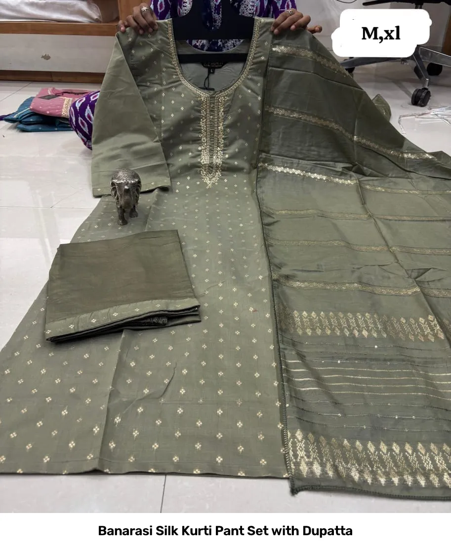 Banarasi Silk Kurti Pant Set with Dupatta 8